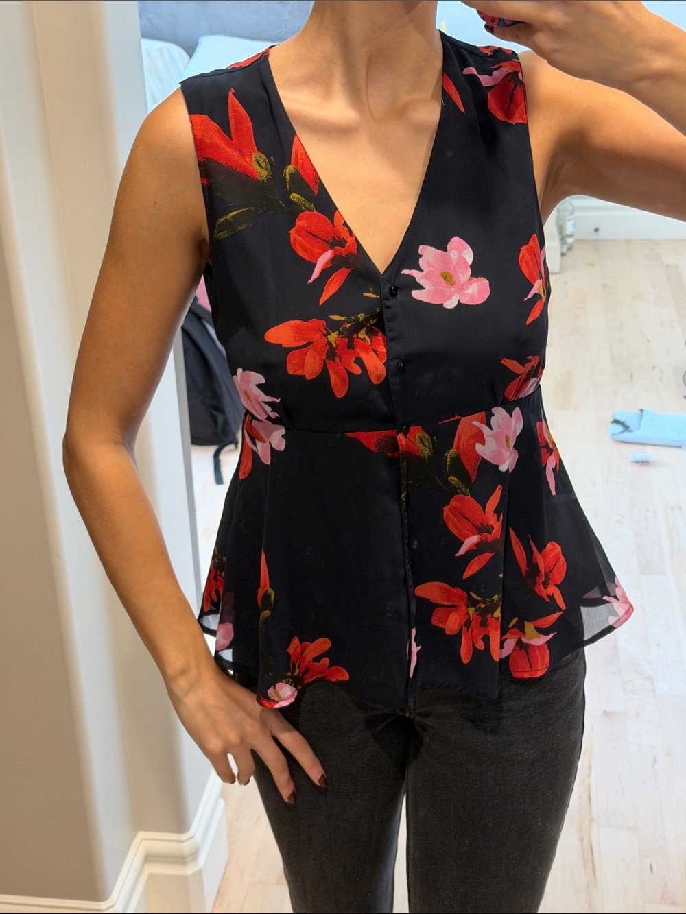Floral Sleeveless V-Neck Peplum Top - Navy with Red & Pink Blossoms